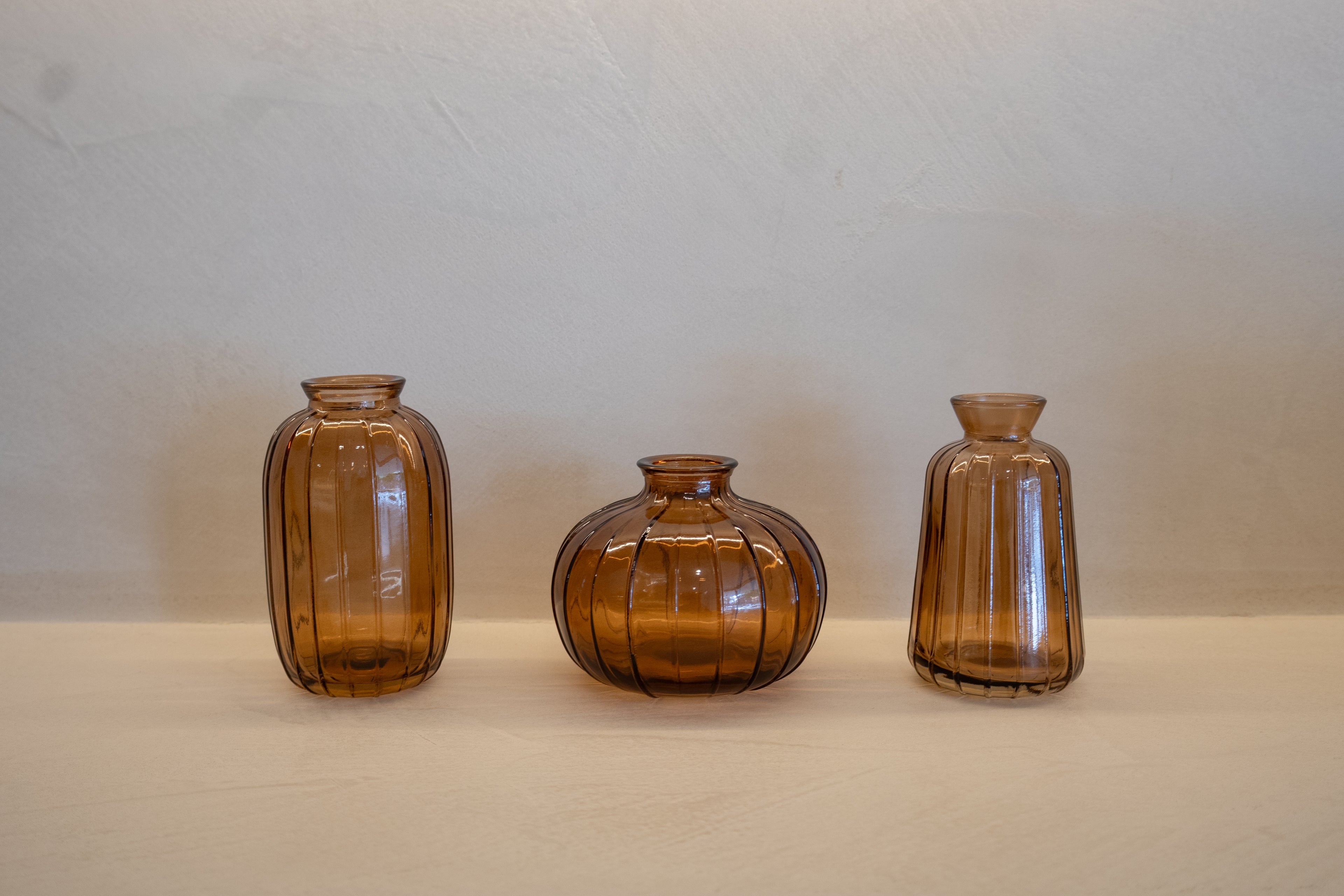 Amber Ribbed Glass Vase Set