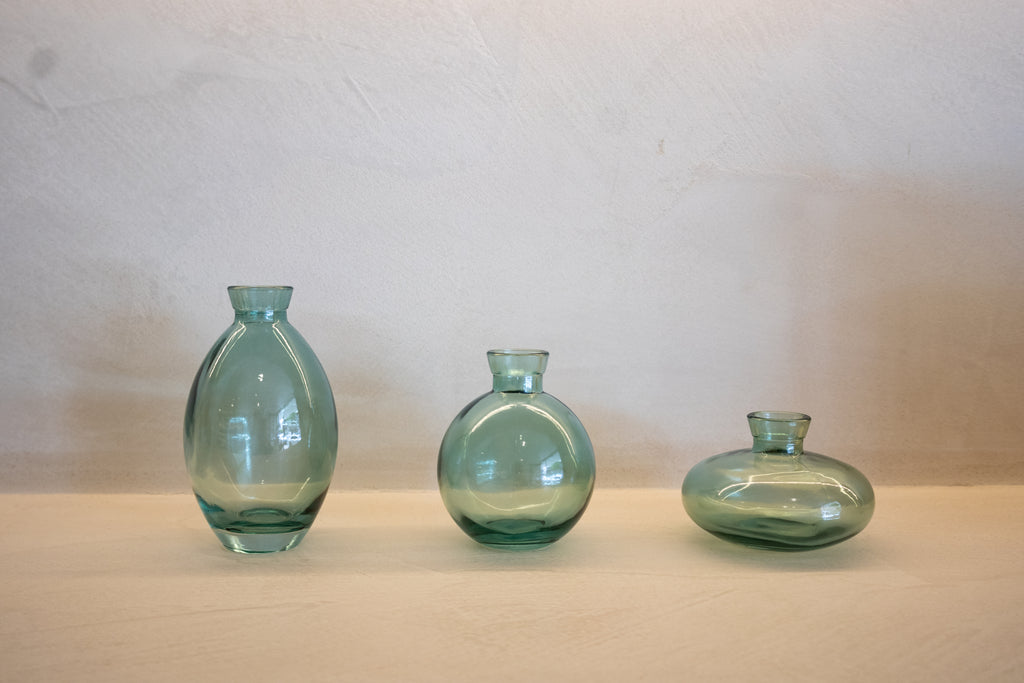 Green Ribbed Glass Vase Set