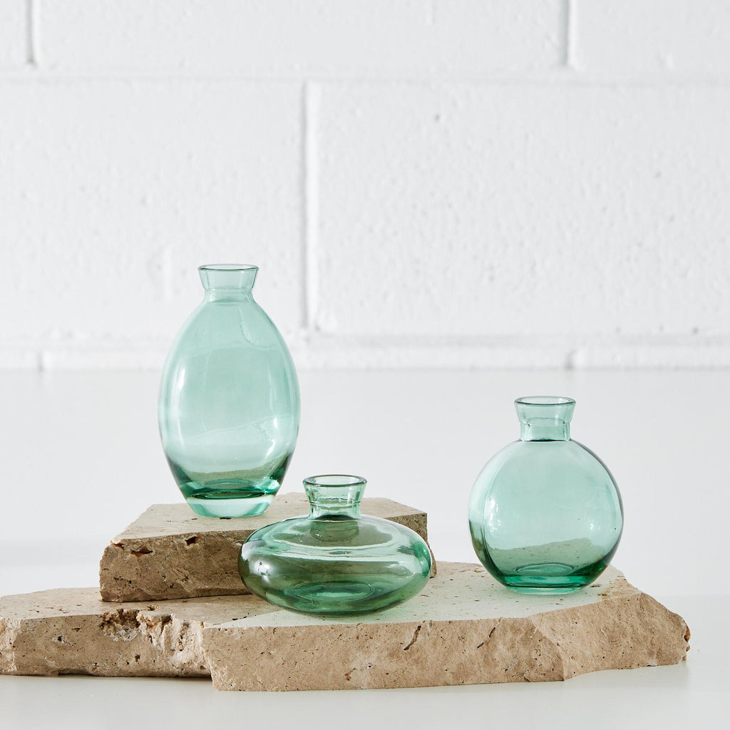 Green Ribbed Glass Vase Set