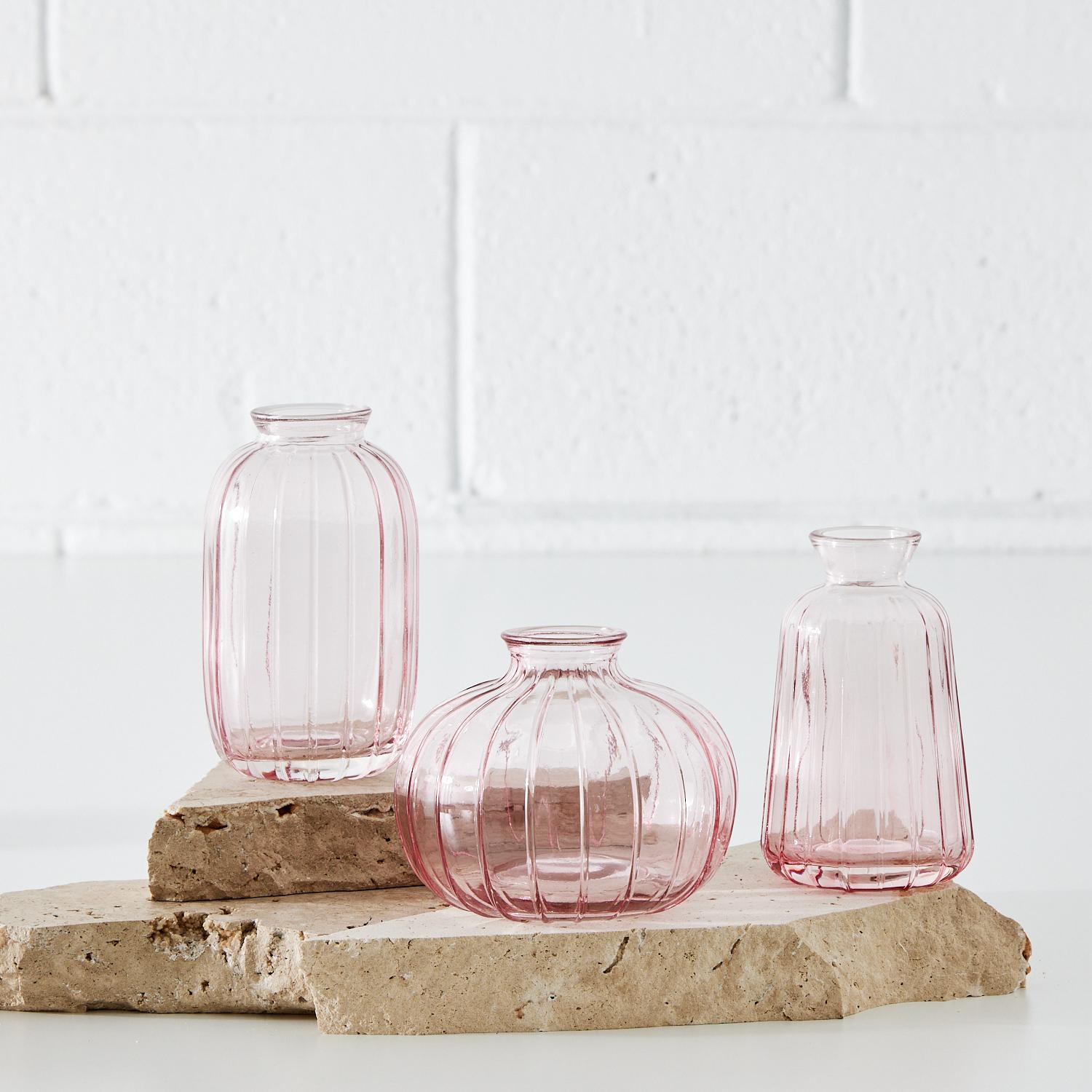 Pink Ribbed Glass Vase Set