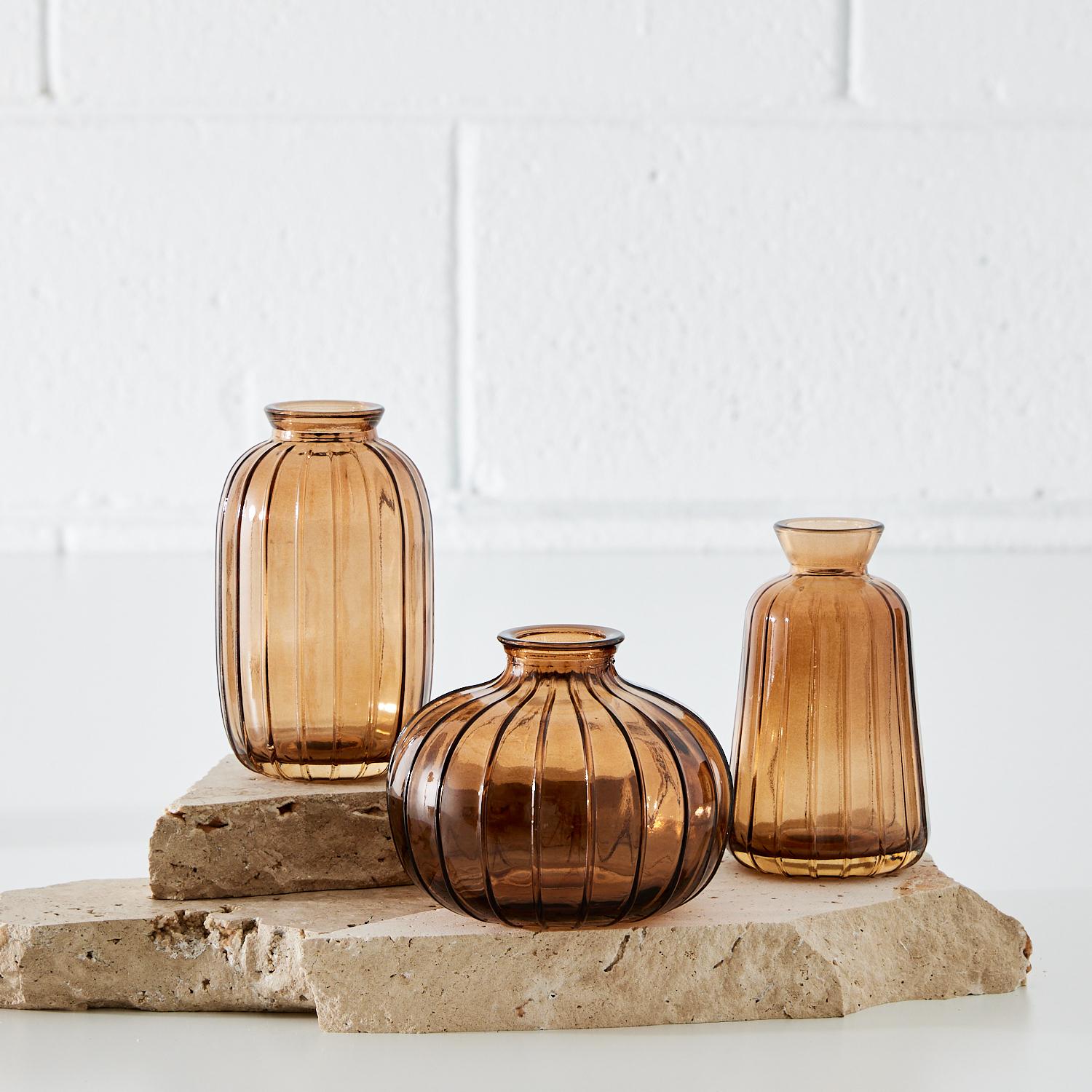 Amber Ribbed Glass Vase Set